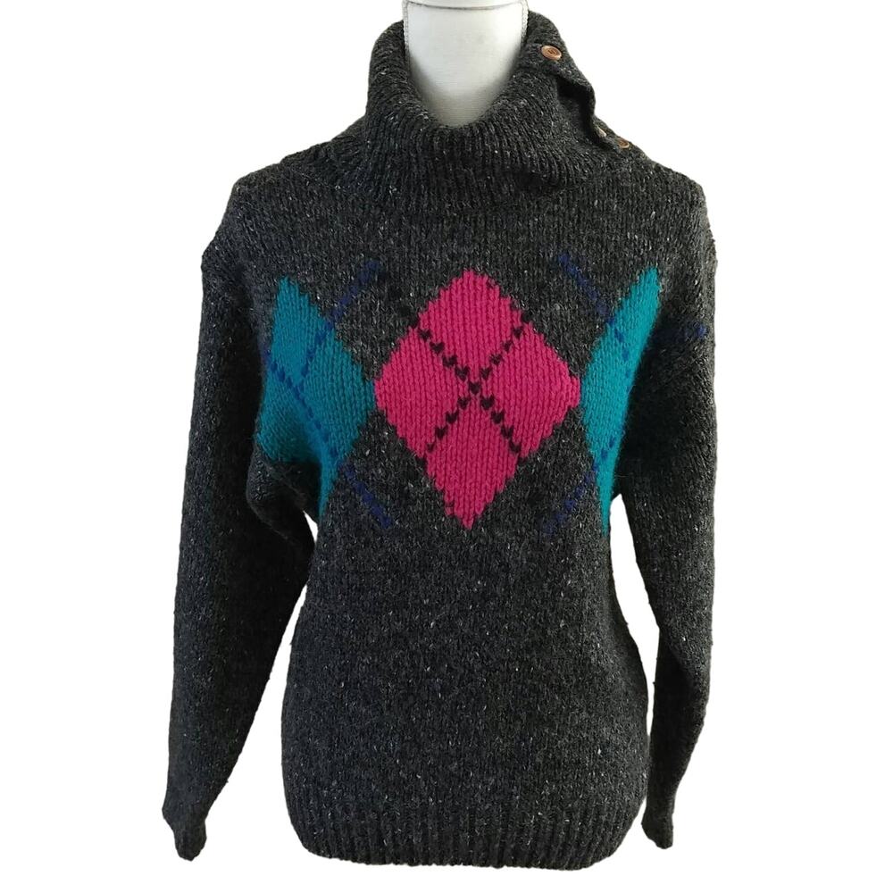 Vintage Gap Size Small Wool Blend Argyle Button Turtleneck Sweater